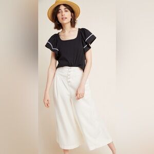 Anthropologie Square Neck Sherman Black Top with White Embroidery EUC Size M